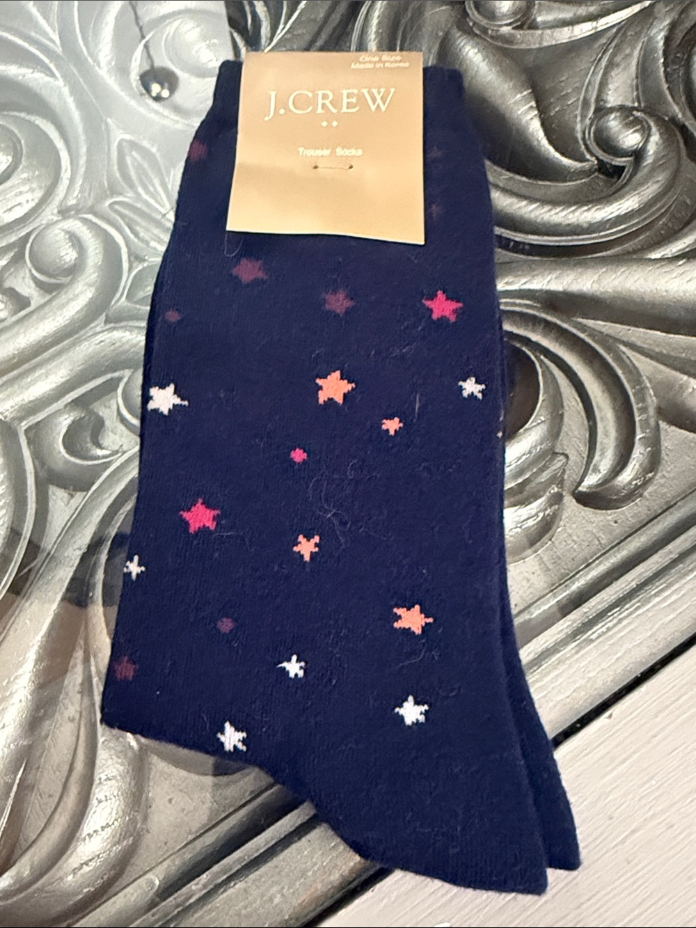 J. Crew Factory Navy Trouser Socks with Pink, Coral and White Stars